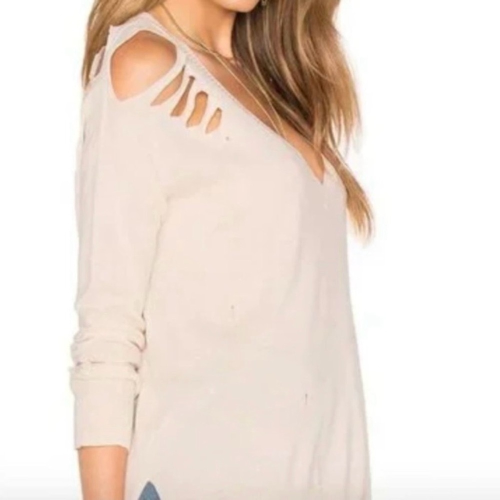 Central Park West Revolve Distressed Ripped V-neck Sweater Cream XS - Picture 3 of 16